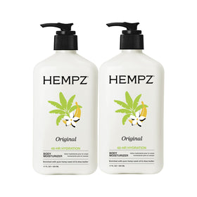 Hempz front packaging showing bottle and 2-pack, brand hydration benefit