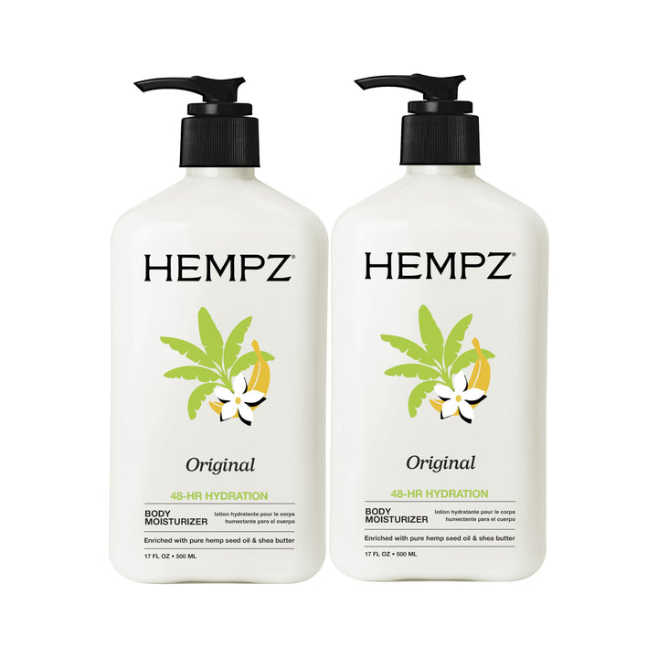Hempz front packaging showing bottle and 2-pack, brand hydration benefit