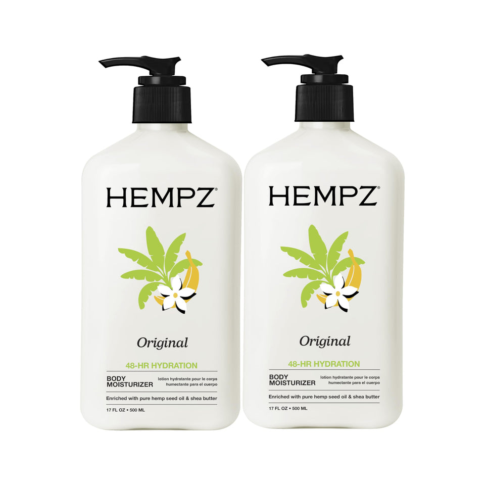 Hempz front packaging showing bottle and 2-pack, brand hydration benefit