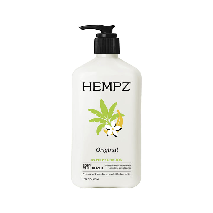 Hempz front packaging showing bottle and original scent, highlights generous size