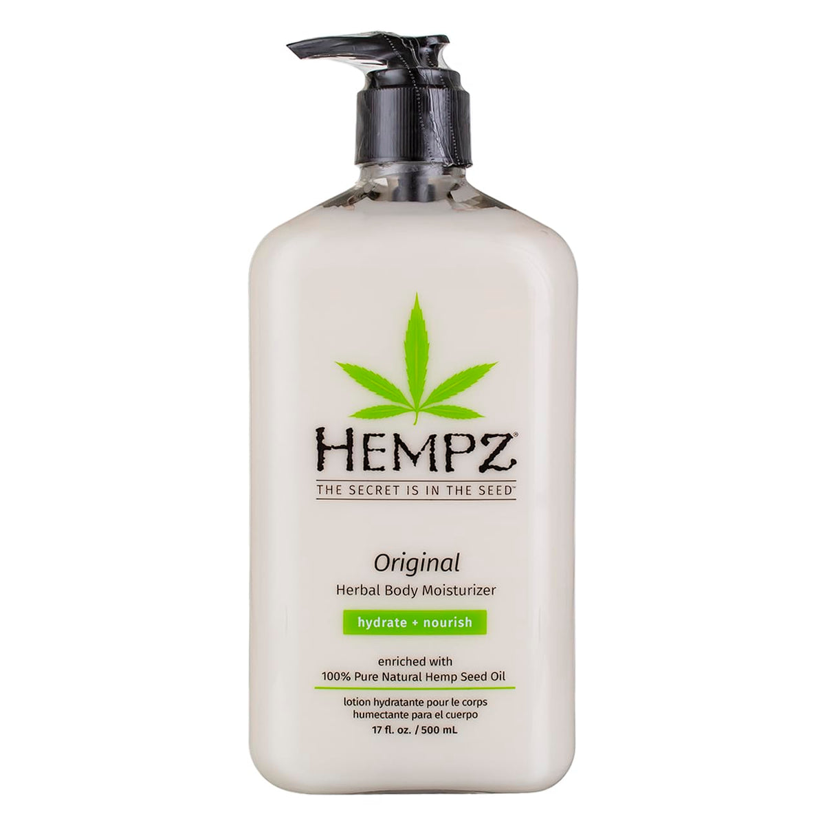 Hempz front pump bottle showing brand and size, highlights convenient dispensing
