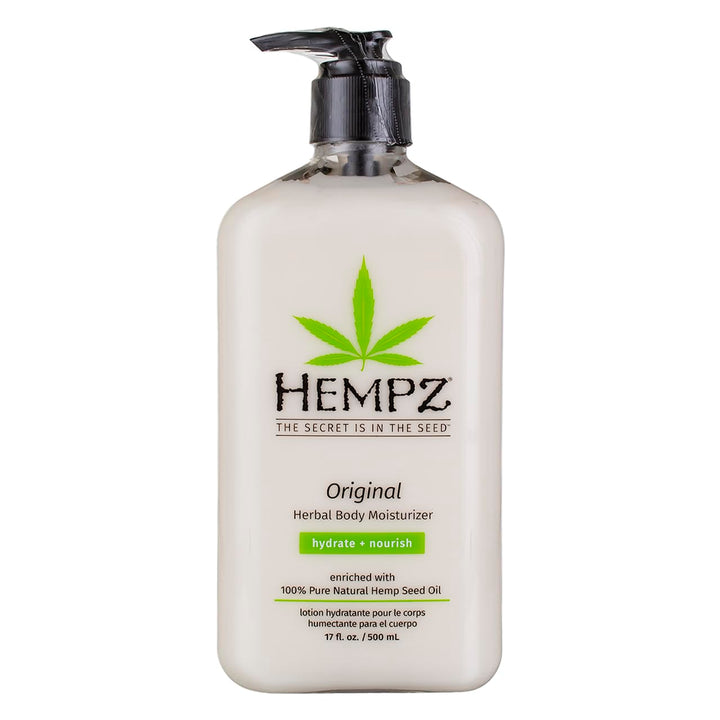 Hempz front pump bottle showing brand and size, highlights convenient dispensing
