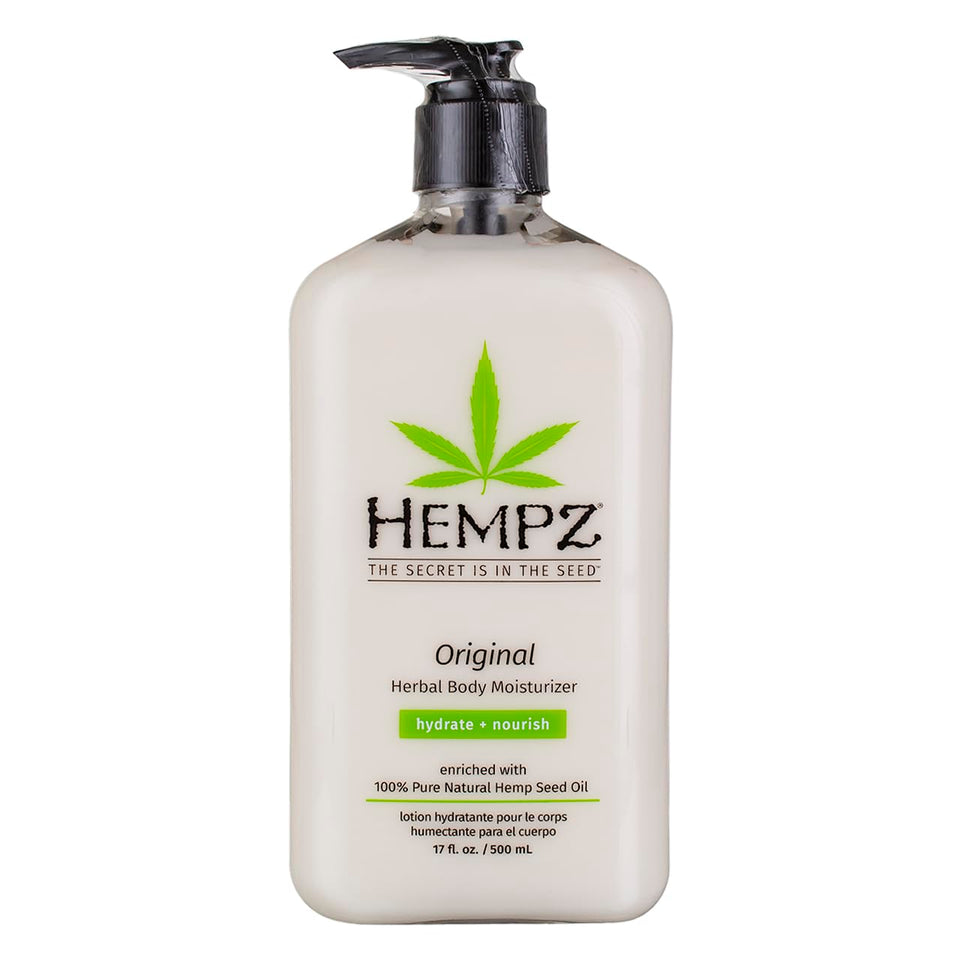 Hempz front pump bottle showing brand and size, highlights convenient dispensing