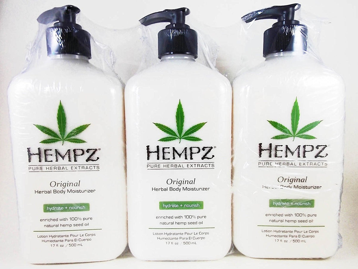 Hempz front bottle showing label and banana floral scent, highlights long-lasting hydration