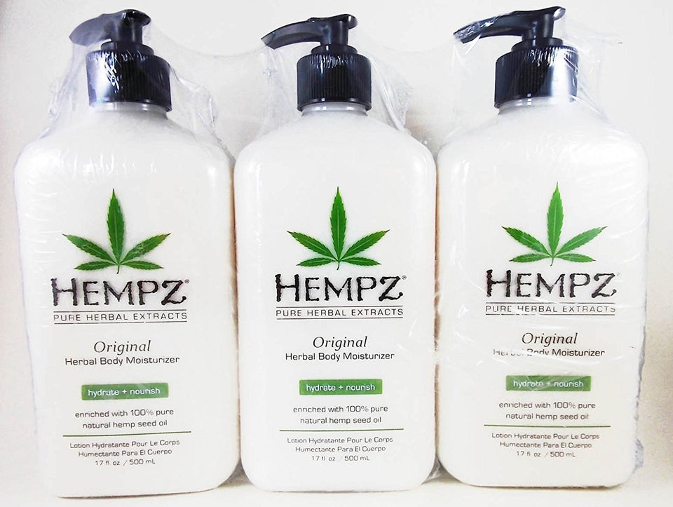 Hempz front bottle showing label and banana floral scent, highlights long-lasting hydration