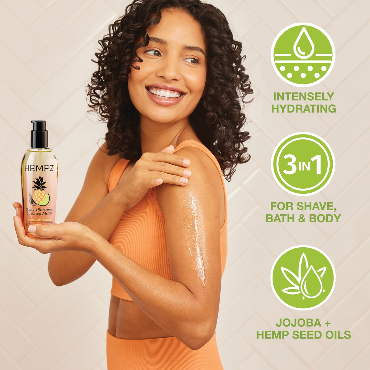 Hempz pump and label close-up highlighting ingredients and benefits