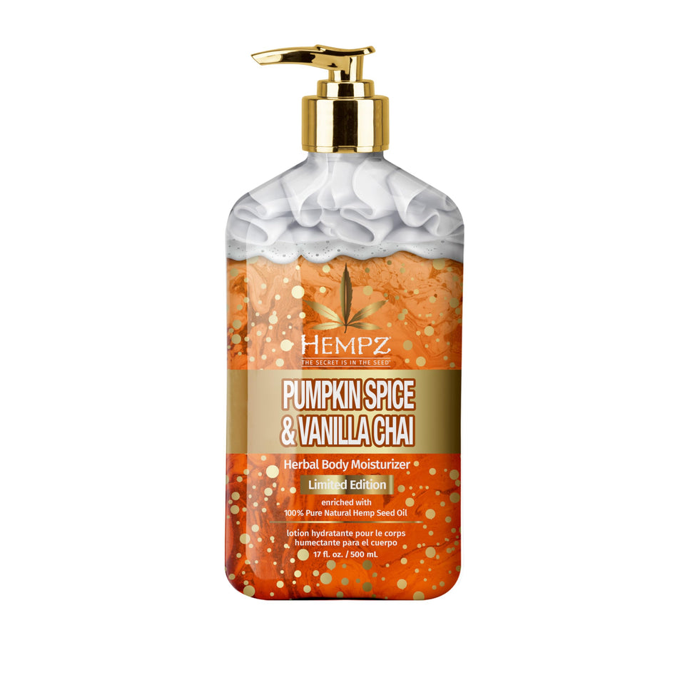 Hempz bottle front packaging showing seasonal pumpkin spice scent and benefits