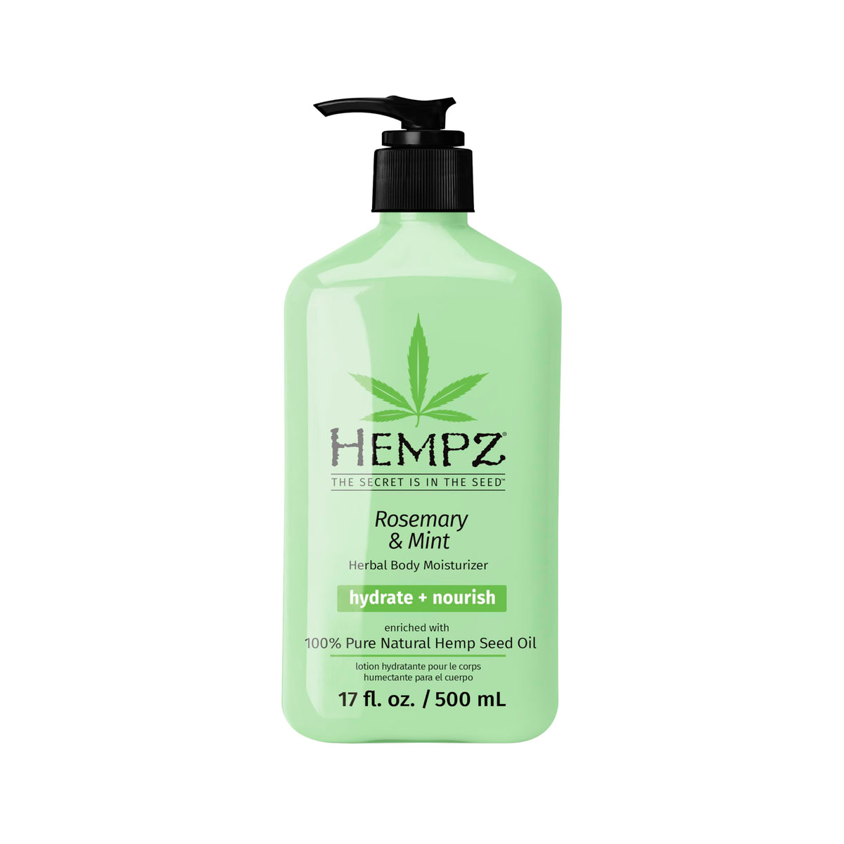 Hempz front bottle showing rosemary and mint fragrance and hydration benefits