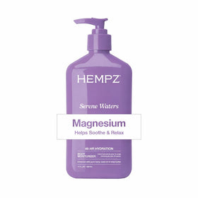 Hempz bottle front view showing serene waters scent and 17 oz size for calming routine