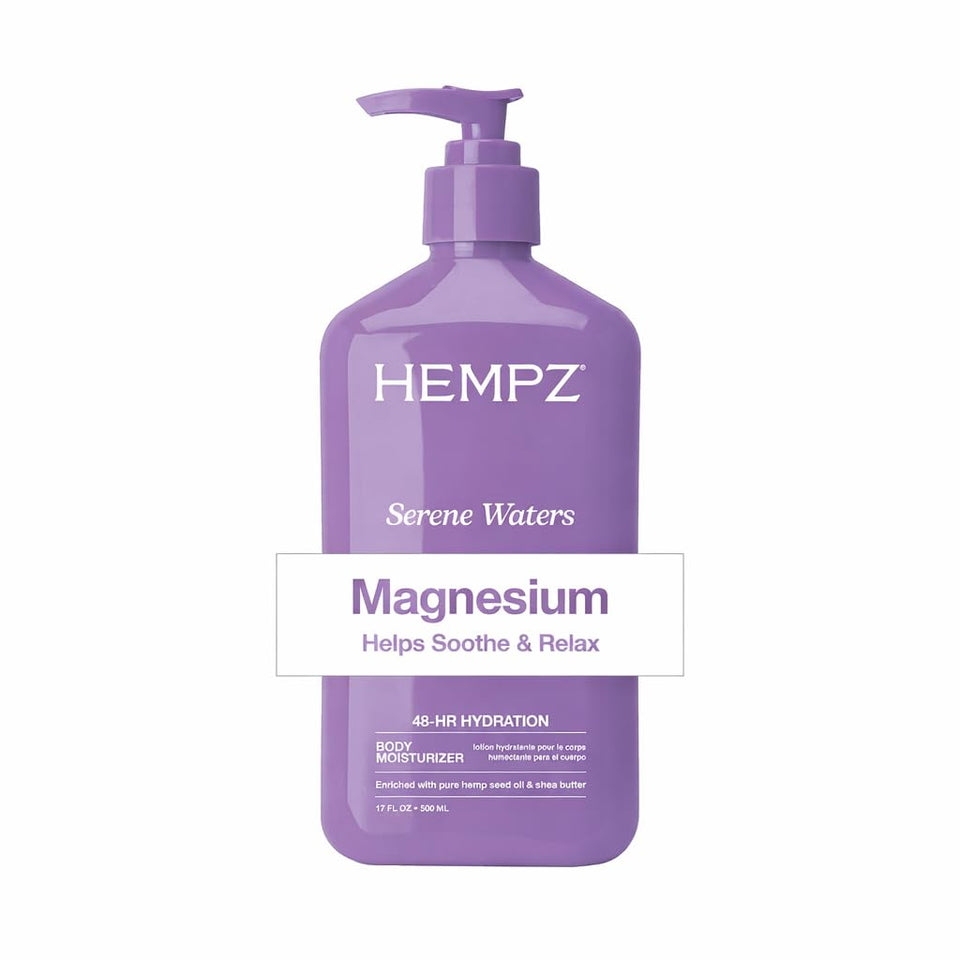 Hempz bottle front view showing serene waters scent and 17 oz size for calming routine