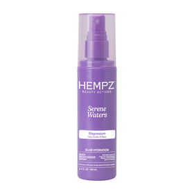 Hempz bottle front packaging showing serene waters label and travel benefit