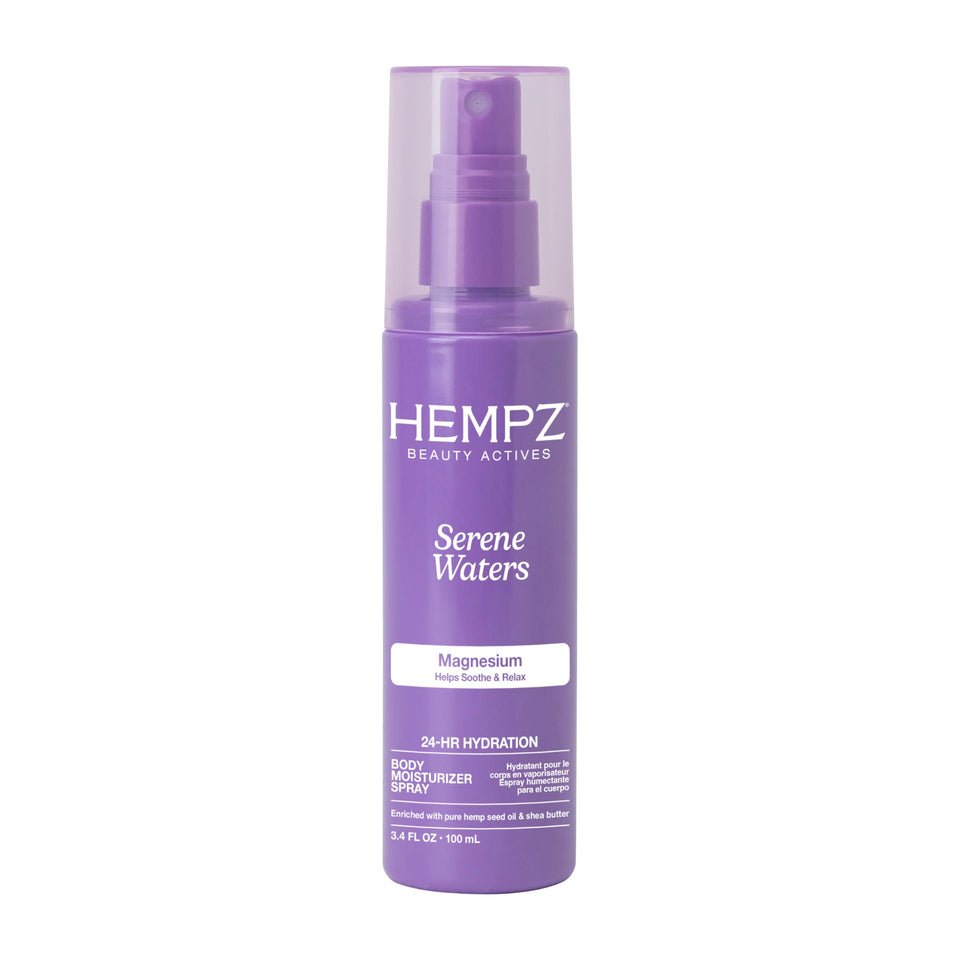 Hempz bottle front packaging showing serene waters label and travel benefit