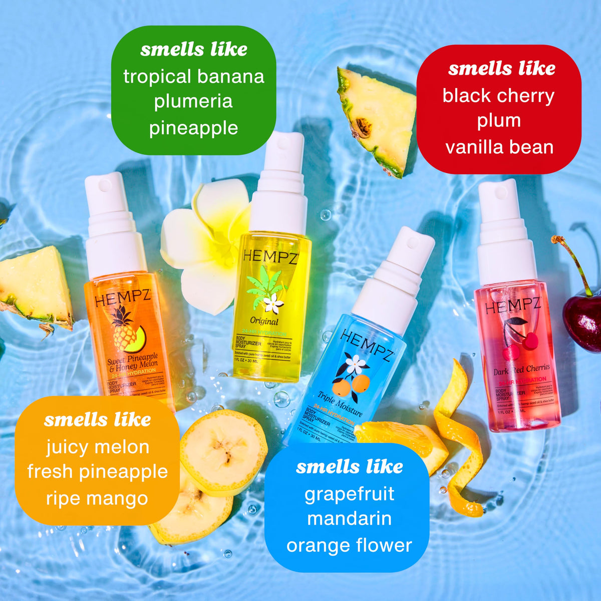 Hempz travel-size sprays beside passport highlighting TSA-friendly convenience