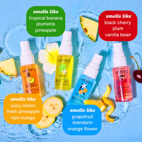 Hempz travel-size sprays beside passport highlighting TSA-friendly convenience