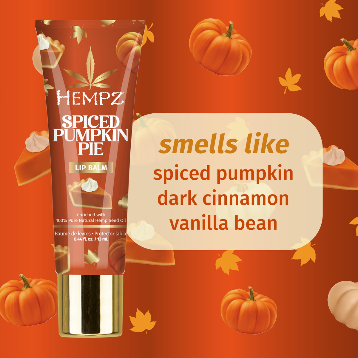 Hempz Spiced Pumpkin Pie lip balm open to reveal balm stick for smooth lips