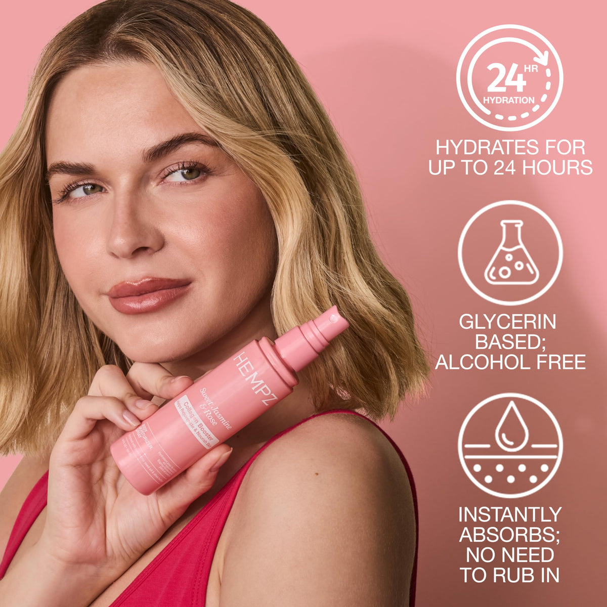 Hempz mist spraying from nozzle demonstrating quick hydration on-the-go