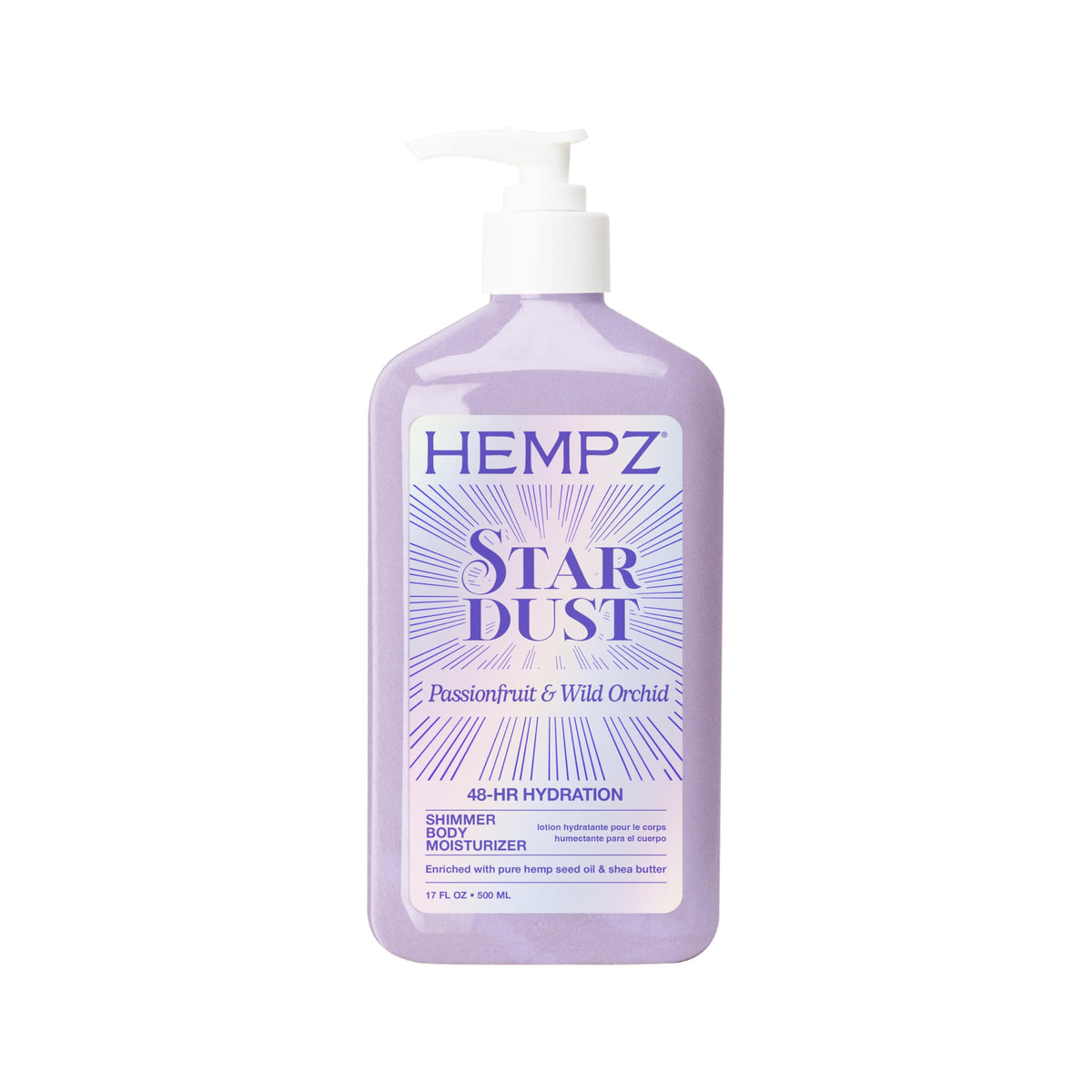Hempz bottle front view showing label and shimmer benefits