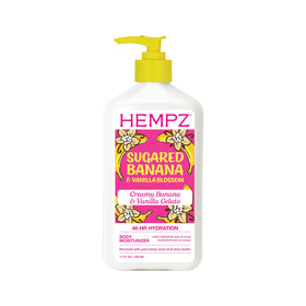 Hempz bottle front view showing sugared banana vanilla scent and moisturizing benefit