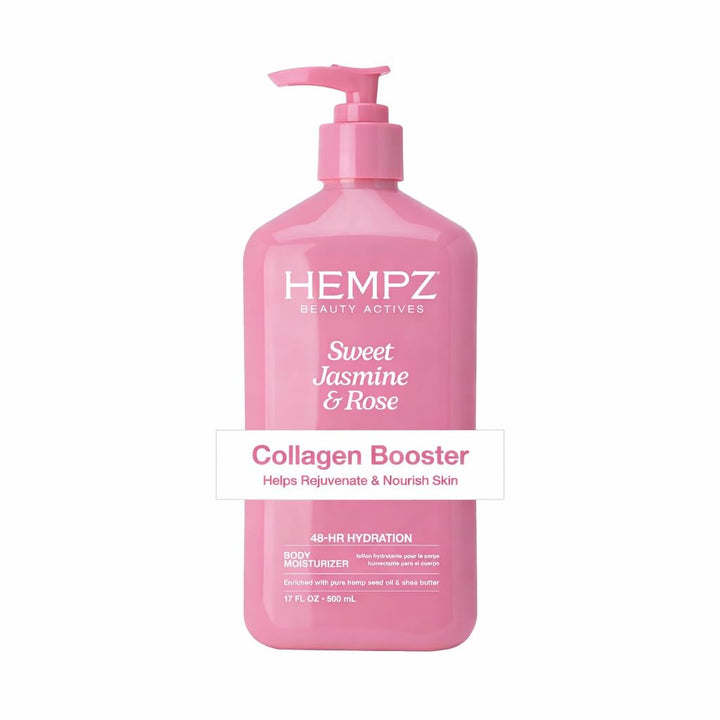 Hempz front label of Sweet Jasmine & Rose moisturizer showing size and scent benefits