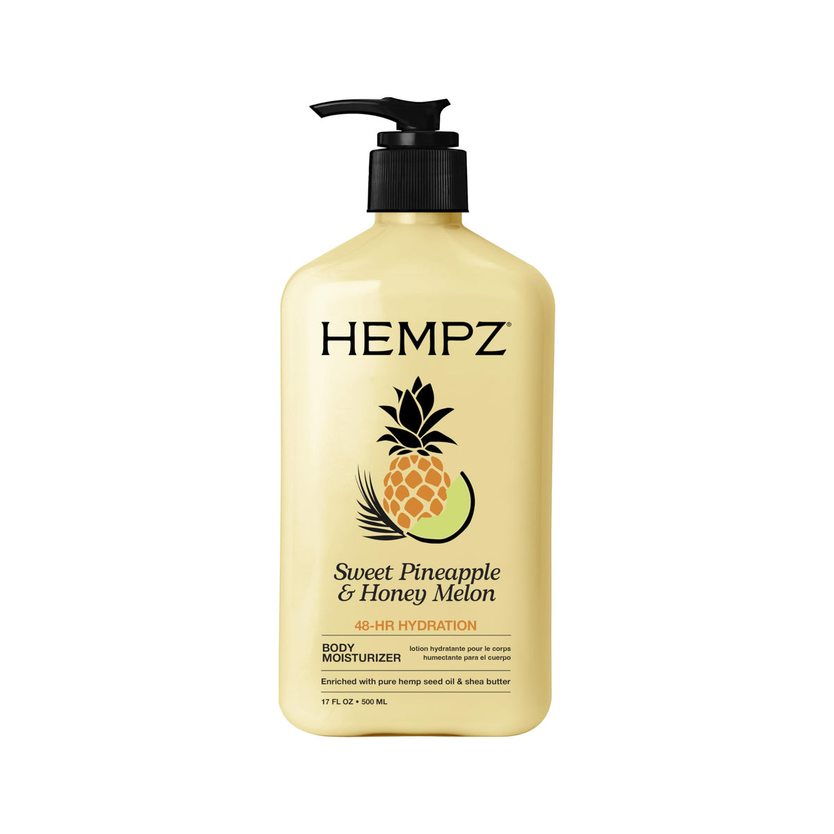 Hempz front bottle showing sweet pineapple honey melon label and hydration benefit