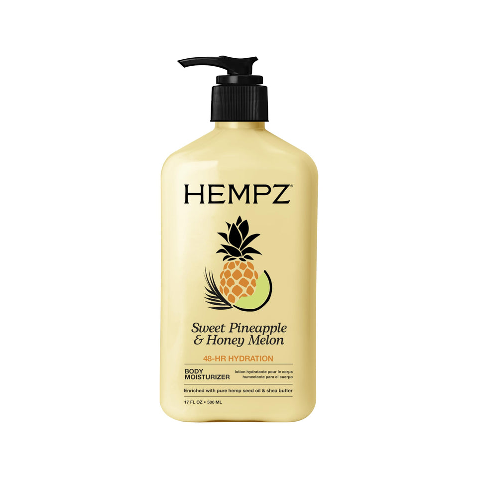 Hempz front bottle showing sweet pineapple honey melon label and hydration benefit