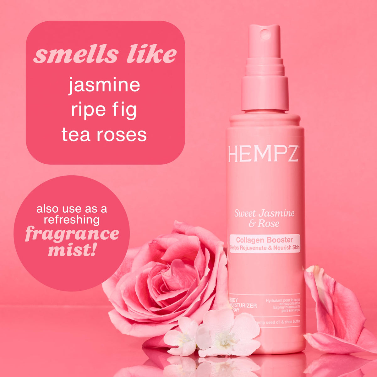 Close-up texture of Hempz mist highlighting lightweight, non-greasy finish