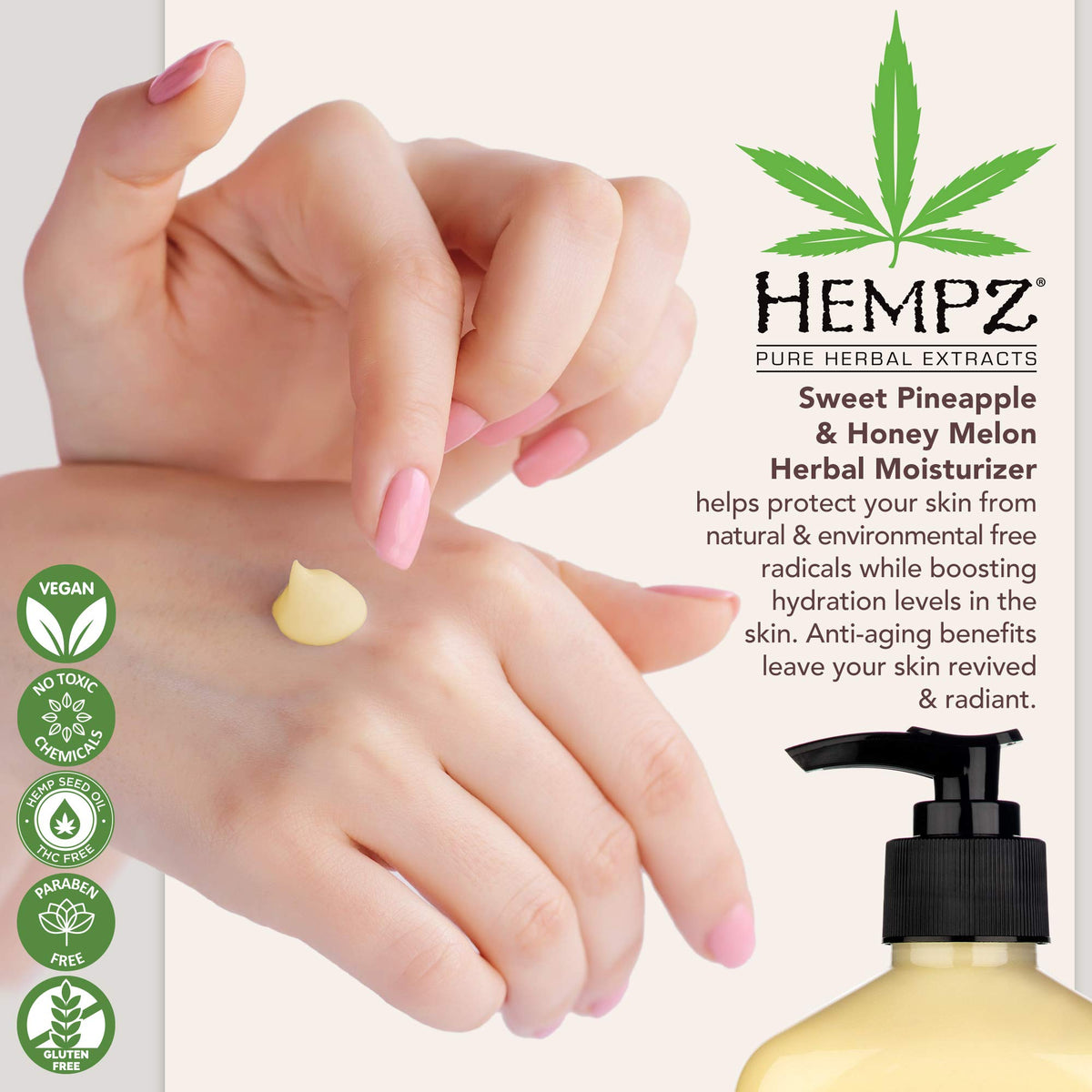 Hempz lotion texture close-up demonstrating creamy hydration benefit