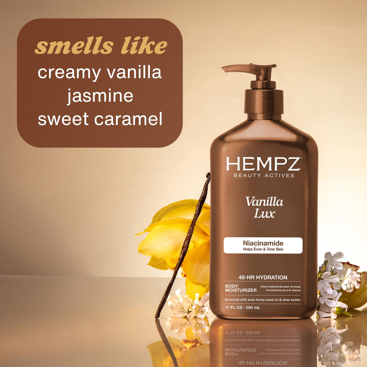 Hempz close-up lotion texture of Vanilla Lux showing creamy consistency and quick absorption