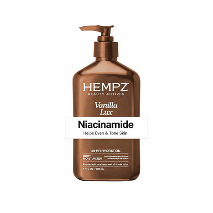 Hempz front packaging of Vanilla Lux moisturizer showing size and label benefit hydration