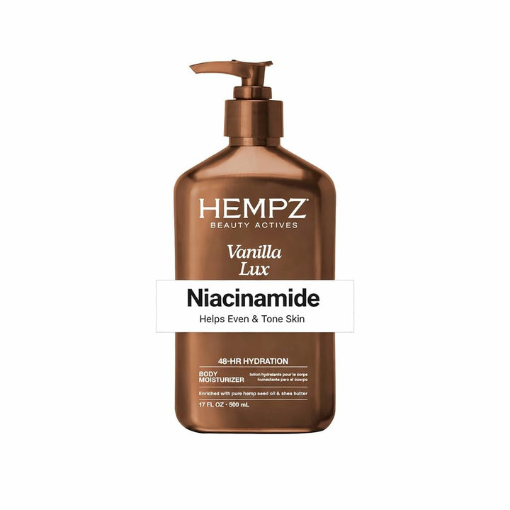 Hempz front packaging of Vanilla Lux moisturizer showing size and label benefit hydration