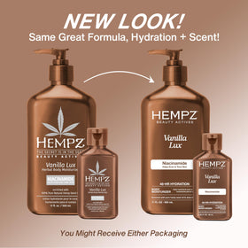 Hempz pump dispensing Vanilla Lux lotion highlighting easy application and non-greasy finish