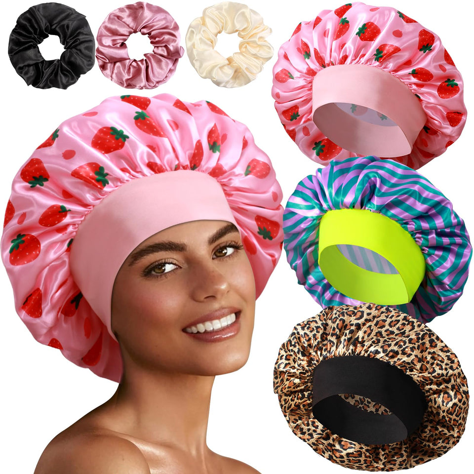 Heniho front view of three bonnets and three scrunchies showing complete set benefits