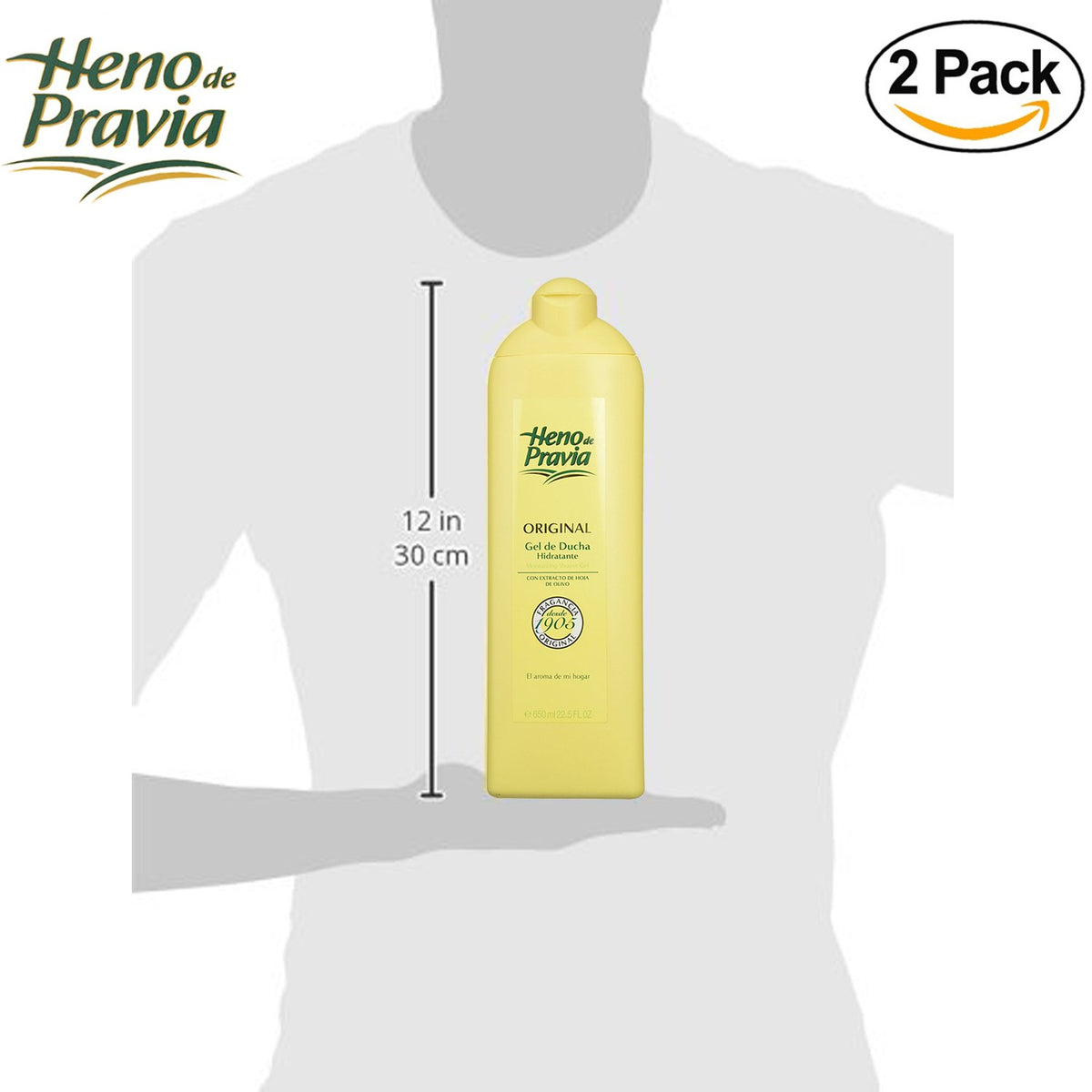 Heno de Pravia bottle placed in shower demonstrating convenience and daily use