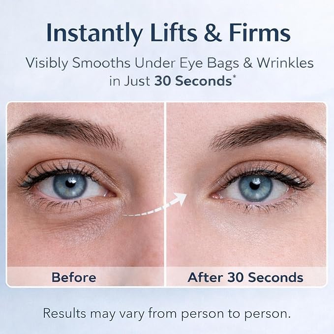 HEQIFU applied to under-eye area illustrating reduced puffiness quickly
