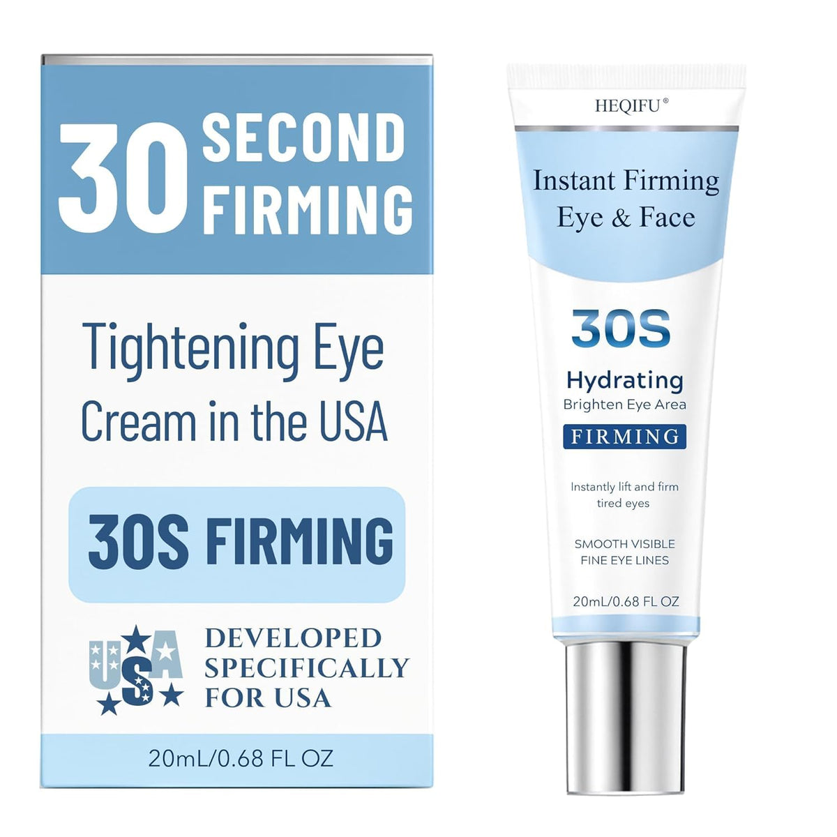 HEQIFU front packaging showing compact eye cream and immediate lift benefits