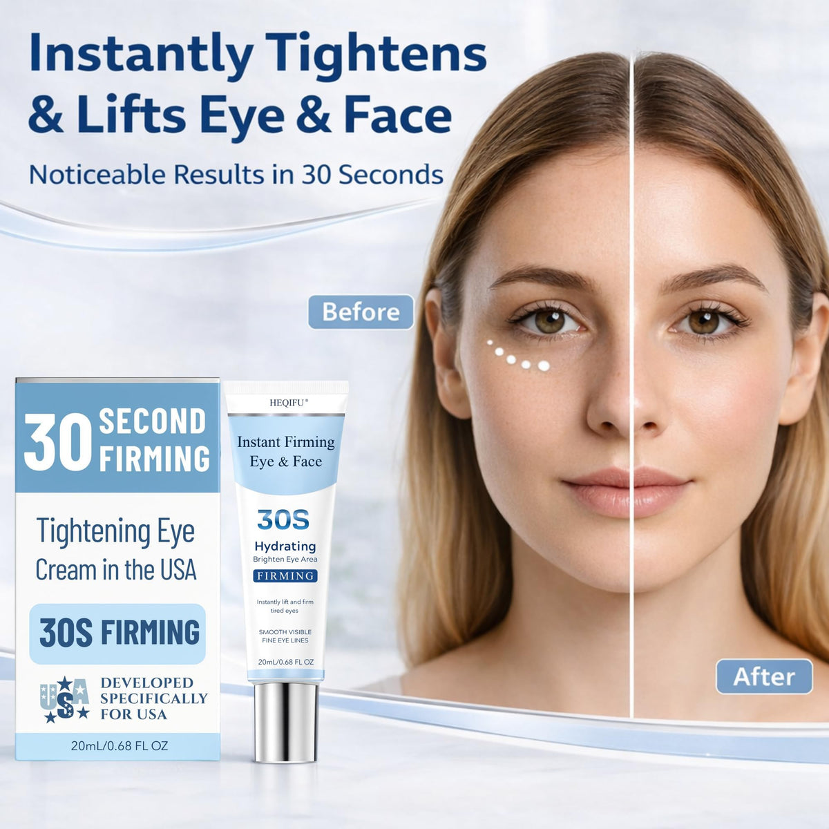 HEQIFU eye cream in travel bag lifestyle scene for on-the-go refreshment