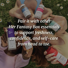 Her Fantasy Box back ingredients panel highlighting transparency and safety benefit