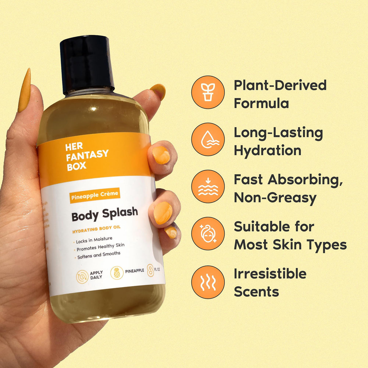 Her Fantasy Box drop of oil from bottle demonstrating lightweight formula