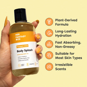 Her Fantasy Box drop of oil from bottle demonstrating lightweight formula
