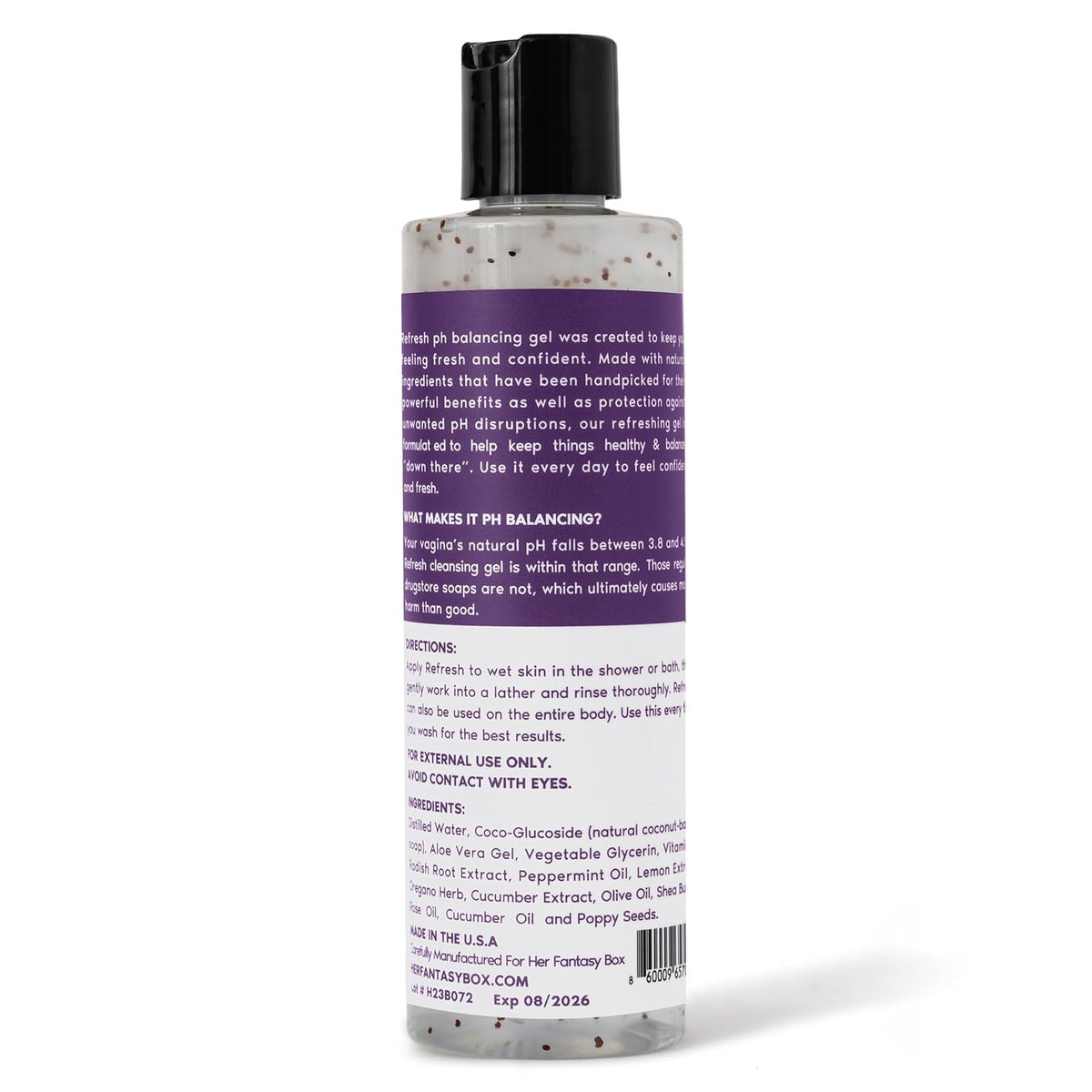 Her Fantasy Box label close-up highlighting ingredients and clarity benefit
