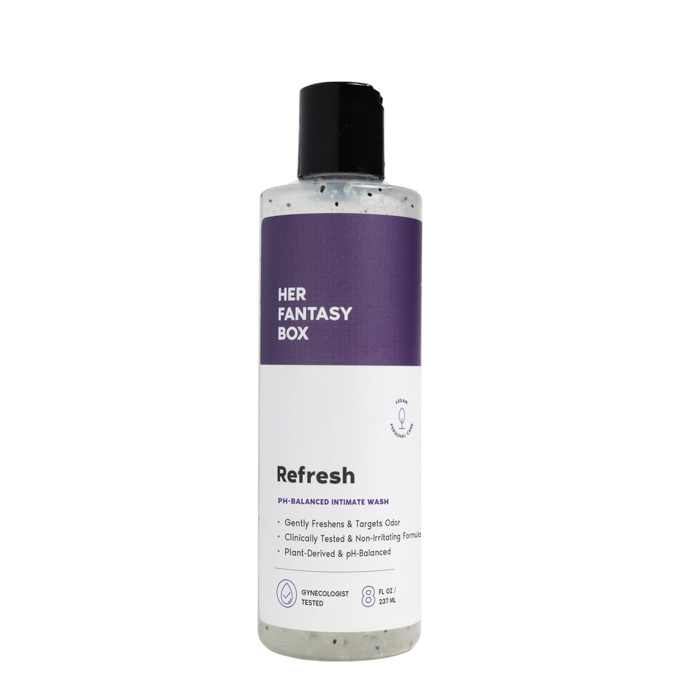 Her Fantasy Box front bottle view showing pump and calming design for gentle cleansing