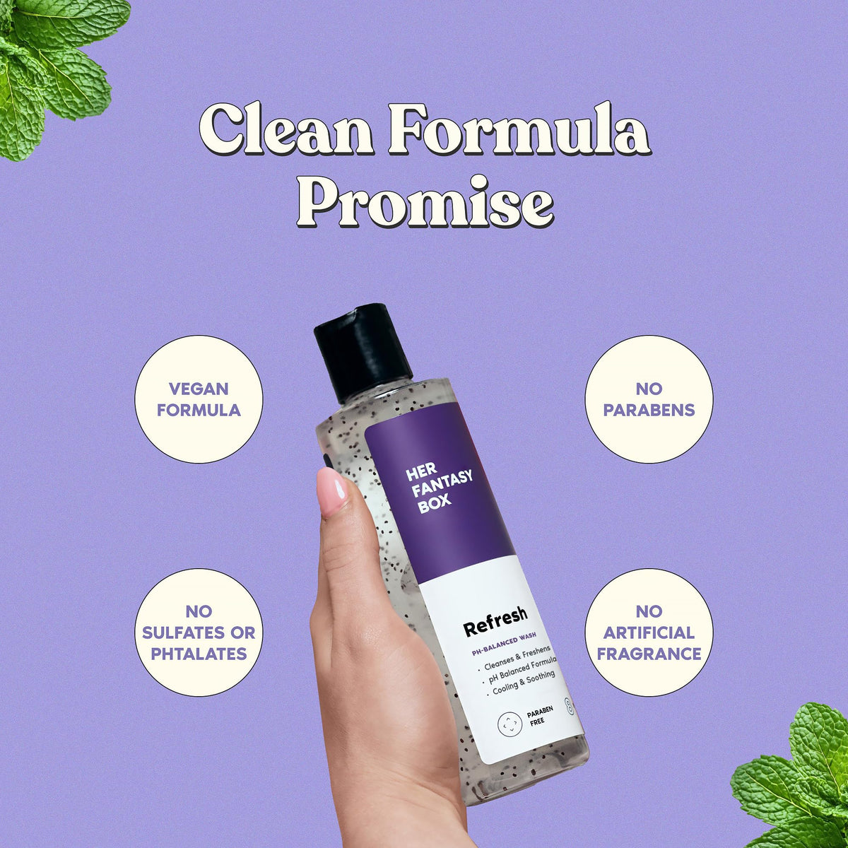 Her Fantasy Box ingredient display with botanical extracts highlighting natural formulation benefits