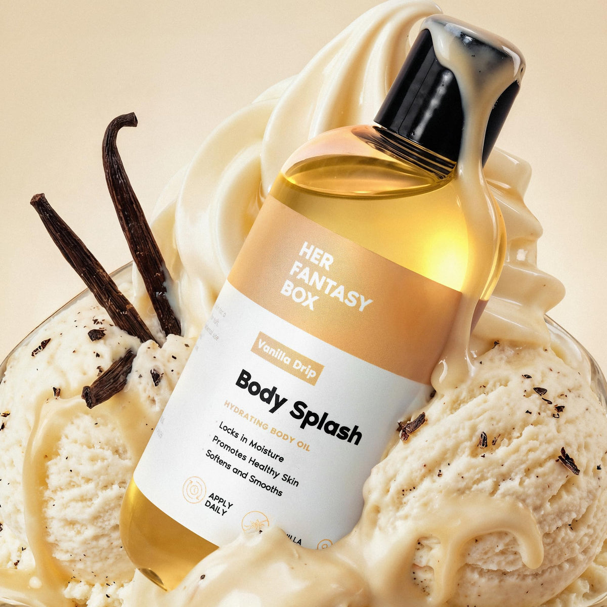 Her Fantasy Box label close-up highlighting scent notes and product details benefit: quick ingredient info