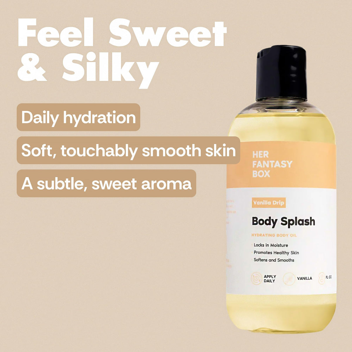 Her Fantasy Box oil texture drop on skin showing lightweight finish benefit: silky hydration