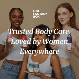 Her Fantasy Box bottle on bathroom shelf suggesting neat storage and style