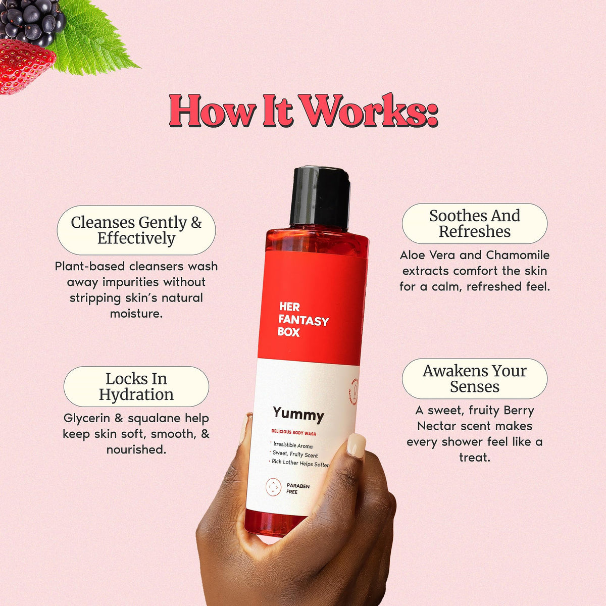 Her Fantasy Box ingredient arrangement showing natural extracts and benefits