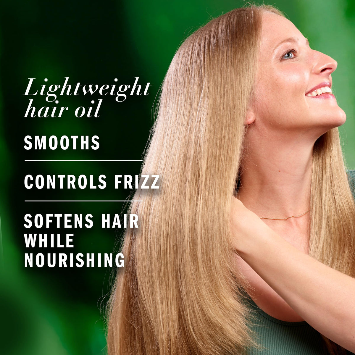 Side profile of hair after using Herbal Essences oil showing enhanced shine