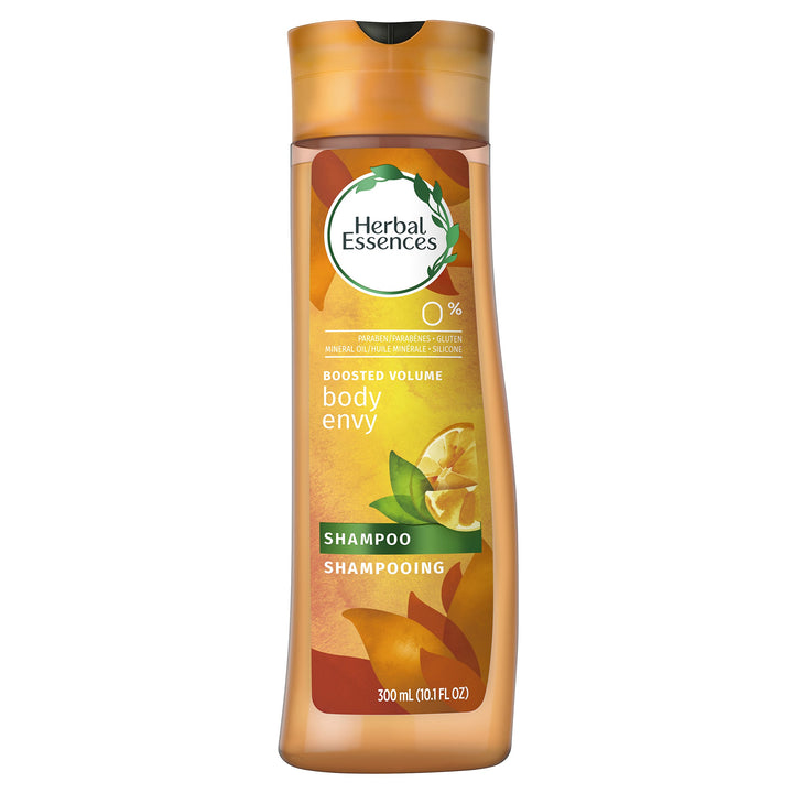 Herbal Essences bottle front showing volumizing shampoo and citrus scent benefit