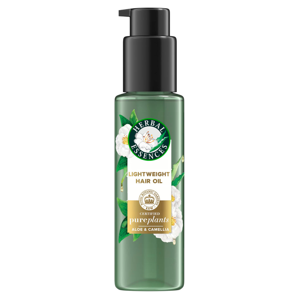 Herbal Essences bottle front showing lightweight hair oil and brand