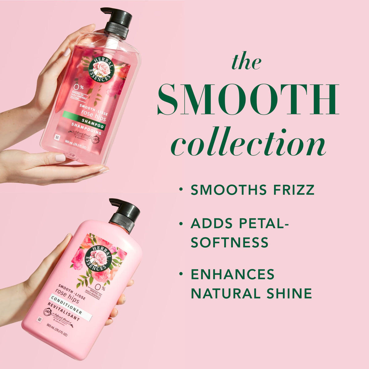 Herbal Essences bottle label close-up highlighting rose hips and jojoba